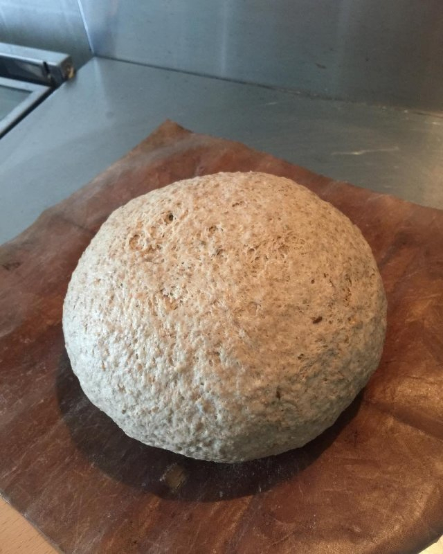 Auto-generated description: A round, unbaked dough rests on a piece of parchment paper.