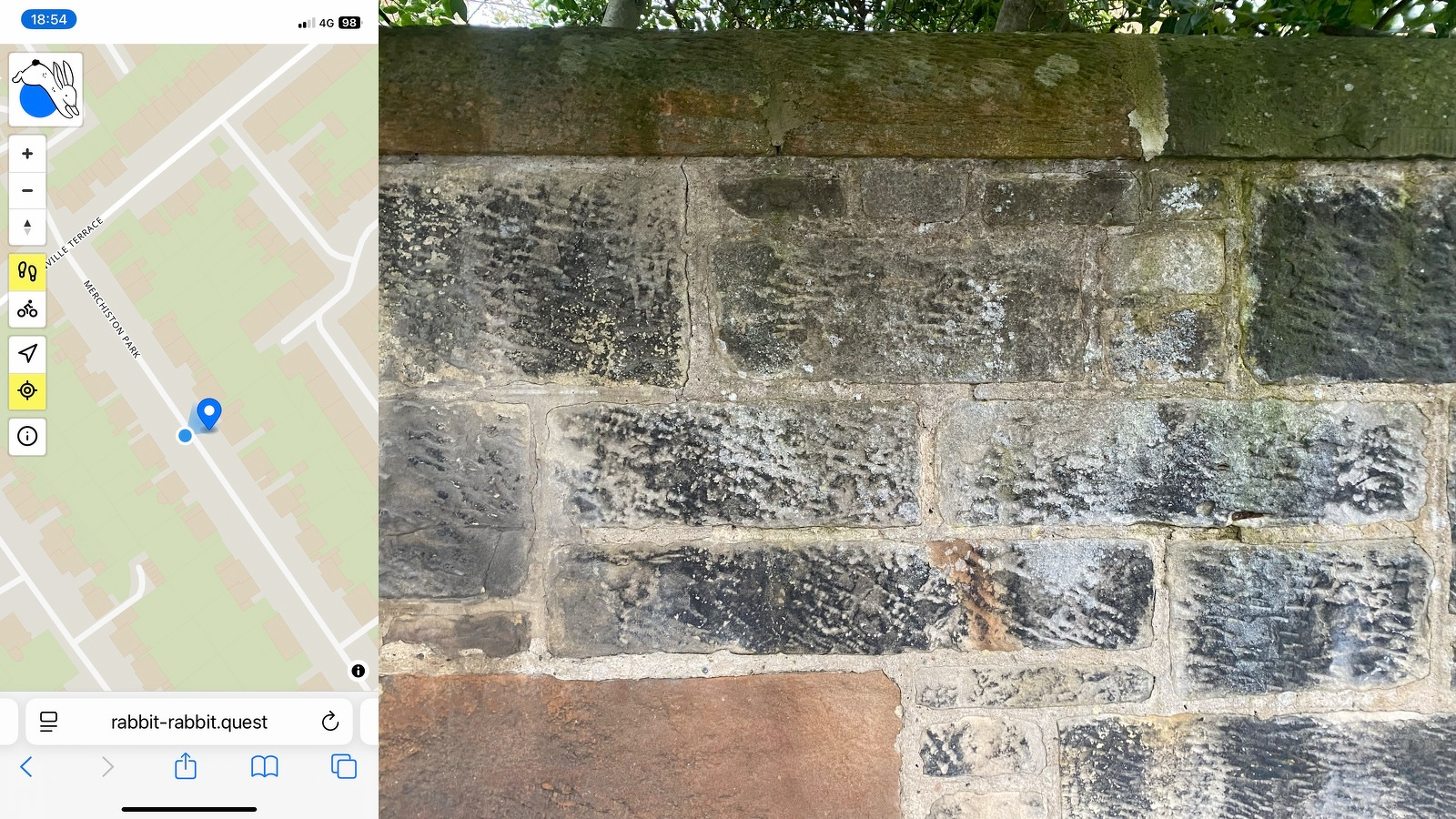 Composite image; On the left my location with the Rabbit, on the  right, the solid gray granite stones of a mortared high wall between me and the Rabbit just on the other side of it.