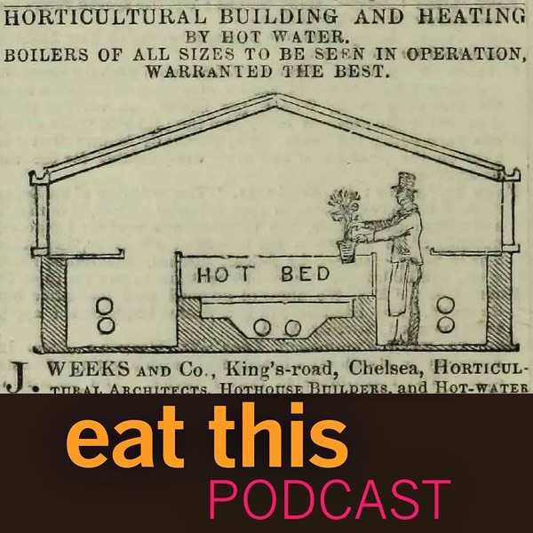 Cover artwork, A Victorian advertisement for a heated glasshouse, with a gardener tending a plant above a section labelled Hot Bed.