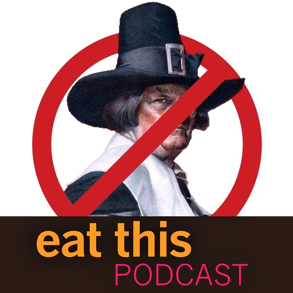 Podcast cover artwork. An illustration of a male colonist settler in Pilgrim dress is behind a Prohibited red circle with a diagonal slash.